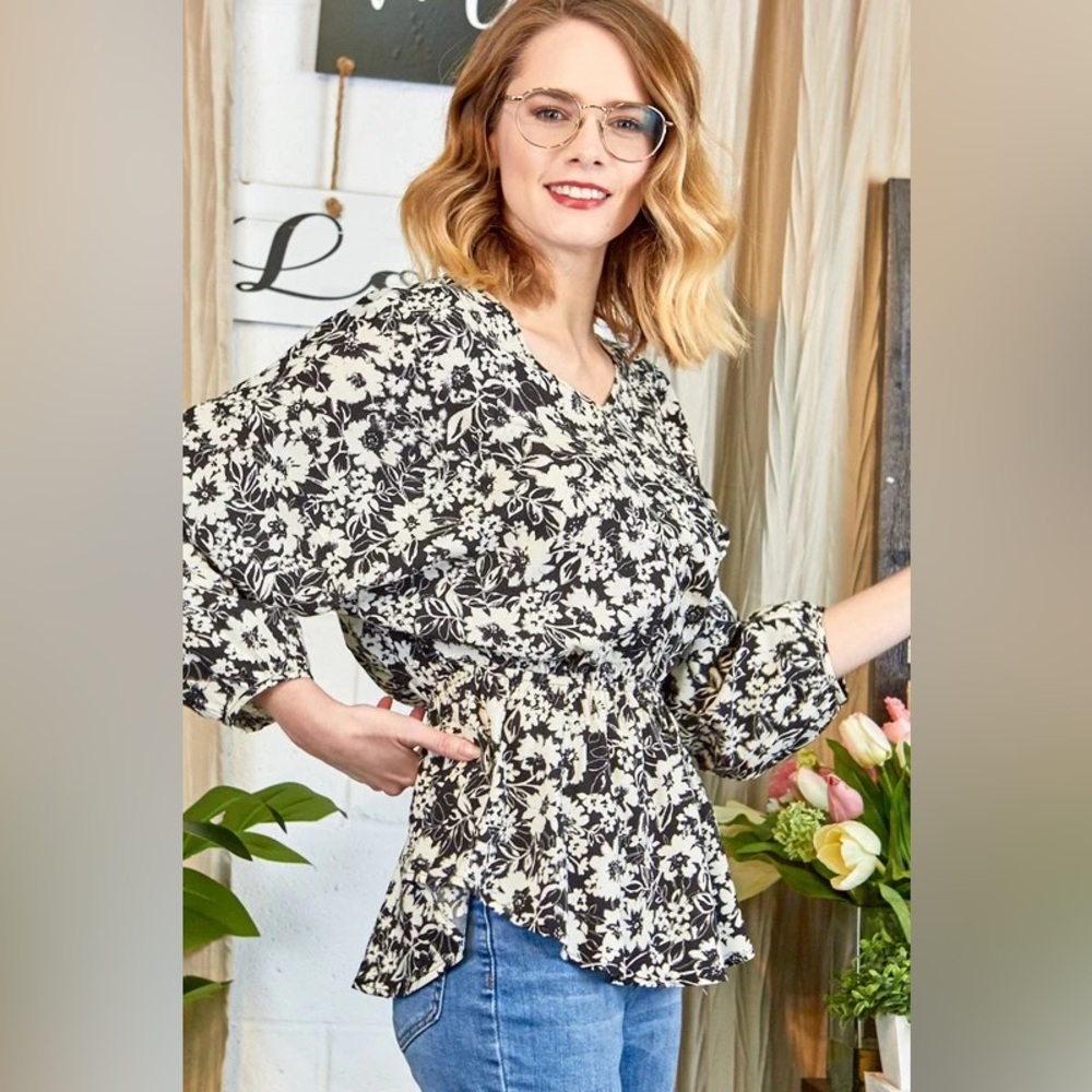 006 PLUS P.S. Love Black Floral Long Sleeve Woven Peplum Top‎